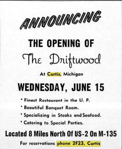 Driftwood Dining Room - June 1955 Opening Ad (newer photo)